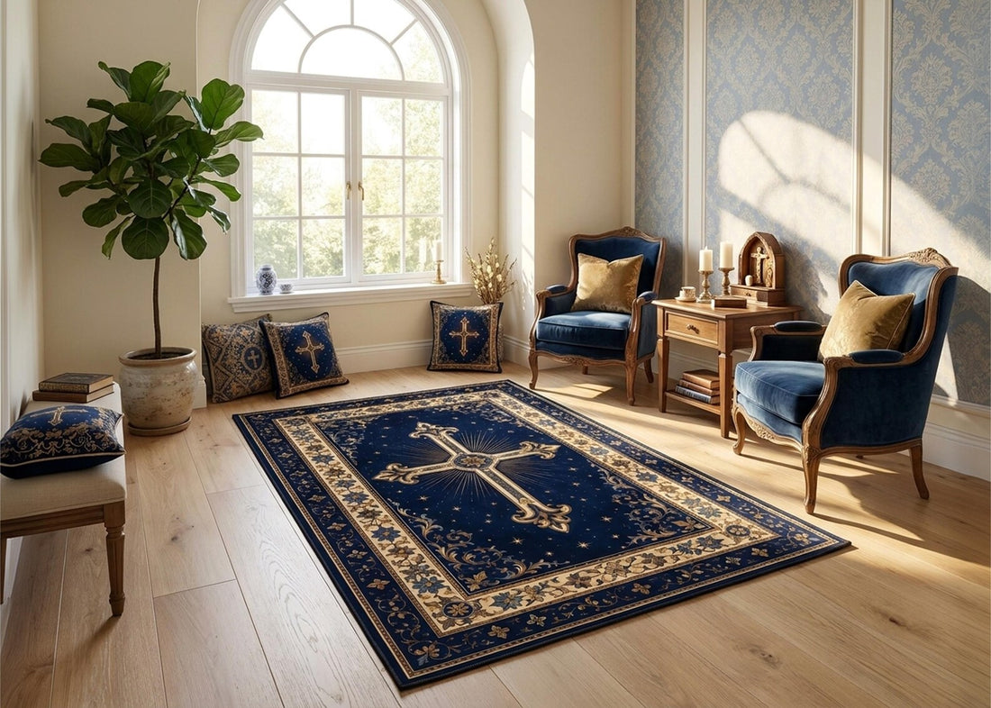 Navy Blue Christian Cross Rug Gold Religious Area Rug Elegant Prayer Room Decor Catholic Home Decor Faith Inspired Carpet Christian Gift