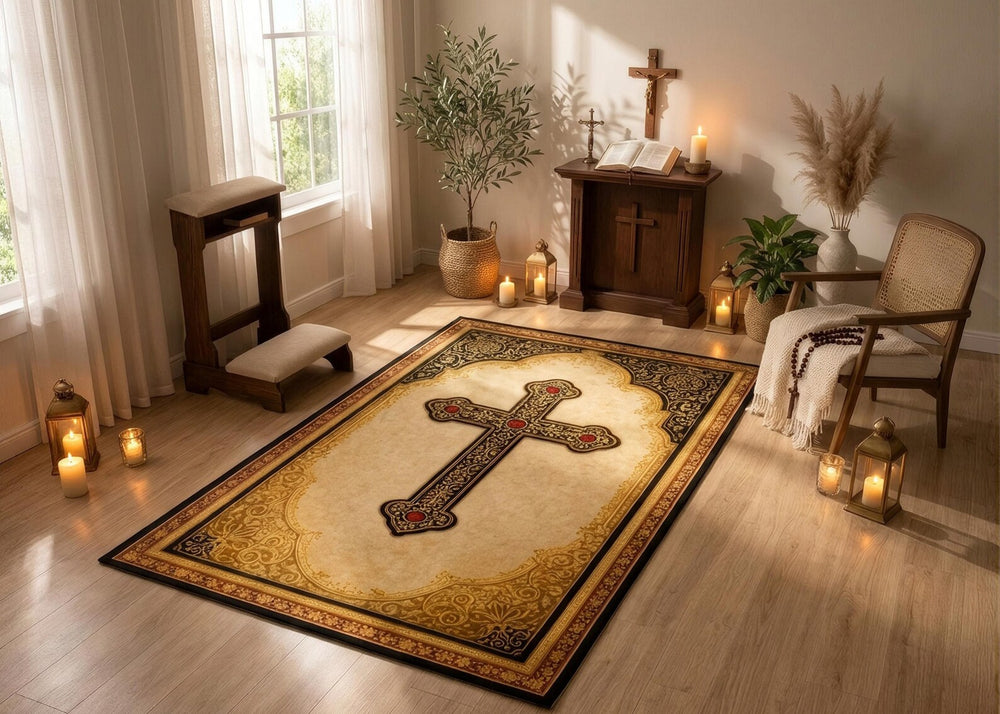 Christian Cross Area Rug Gold and Brown Religious Carpet Vintage Church Decor Prayer Room Rug Catholic Home Decor Faith Inspired Gift