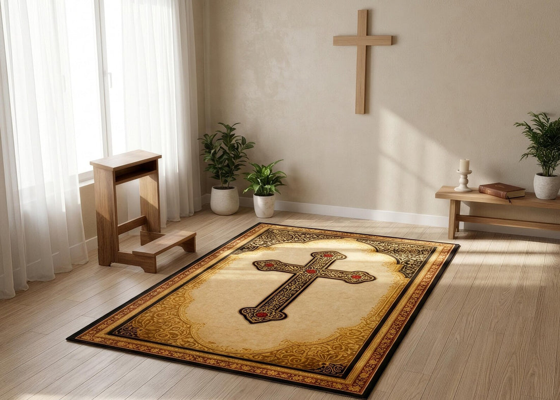 Christian Cross Area Rug Gold and Brown Religious Carpet Vintage Church Decor Prayer Room Rug Catholic Home Decor Faith Inspired Gift