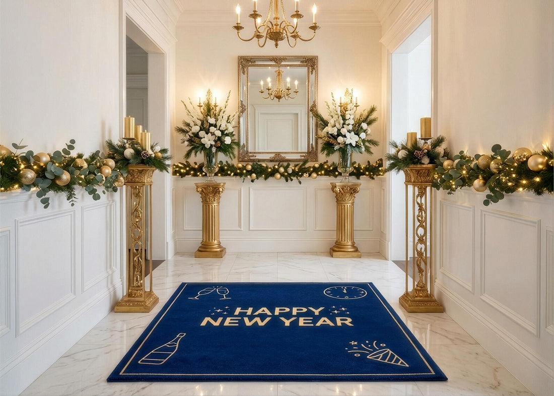 Happy New Year Blue Area Rug Gold New Year Celebration Carpet Festive Living Room Rug New Year Party Decor Custom Holiday Rug