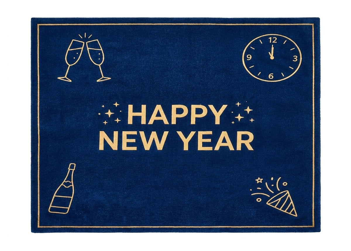 Happy New Year Blue Area Rug Gold New Year Celebration Carpet Festive Living Room Rug New Year Party Decor Custom Holiday Rug