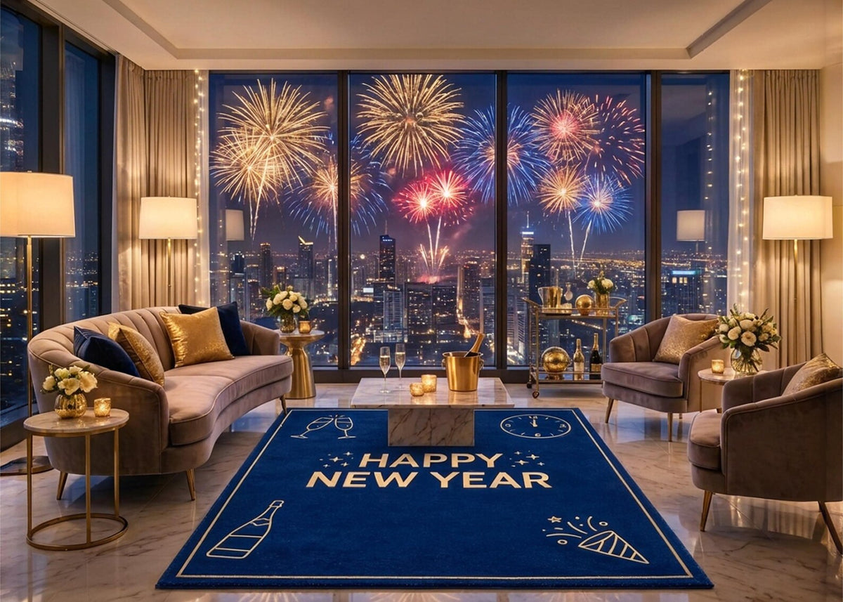 Happy New Year Blue Area Rug Gold New Year Celebration Carpet Festive Living Room Rug New Year Party Decor Custom Holiday Rug