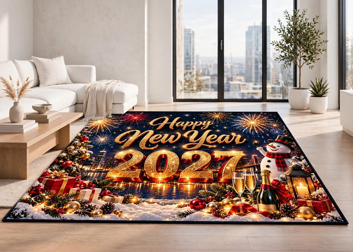 Happy New Year 2027 Rug Festive Christmas Area Rug Fireworks Snowman Carpet Winter Holiday Home Decor New Year Party Decoration