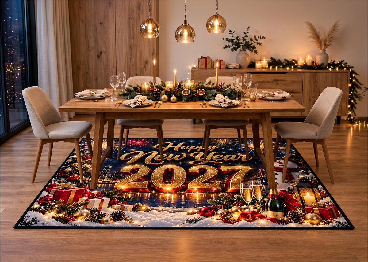 Happy New Year 2027 Rug Festive Christmas Area Rug Fireworks Snowman Carpet Winter Holiday Home Decor New Year Party Decoration