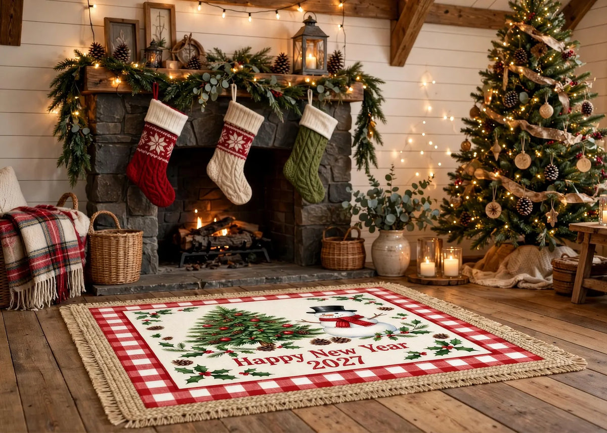 Happy New Year 2027 Rug Christmas Snowman Area Rug Red Buffalo Plaid Holiday Carpet Rustic Winter Home Decor Festive Entryway Rug