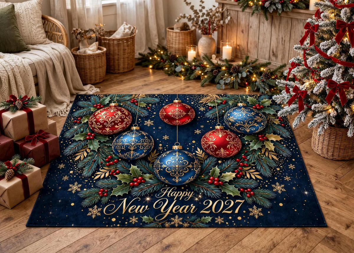 Happy New Year 2027 Rug Navy Blue Christmas Ornament Area Rug Elegant Red Gold Holiday Carpet Festive Winter Home Decor New Year Gift