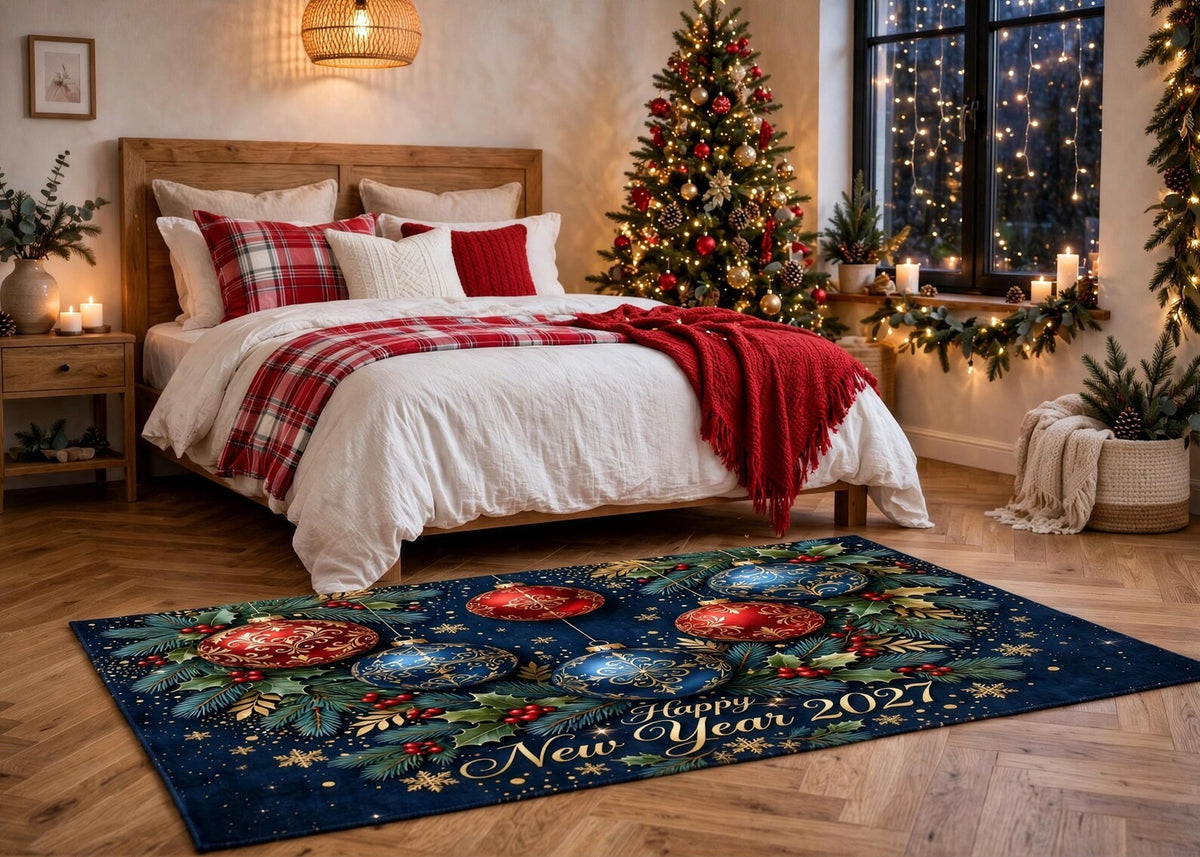 Happy New Year 2027 Rug Navy Blue Christmas Ornament Area Rug Elegant Red Gold Holiday Carpet Festive Winter Home Decor New Year Gift