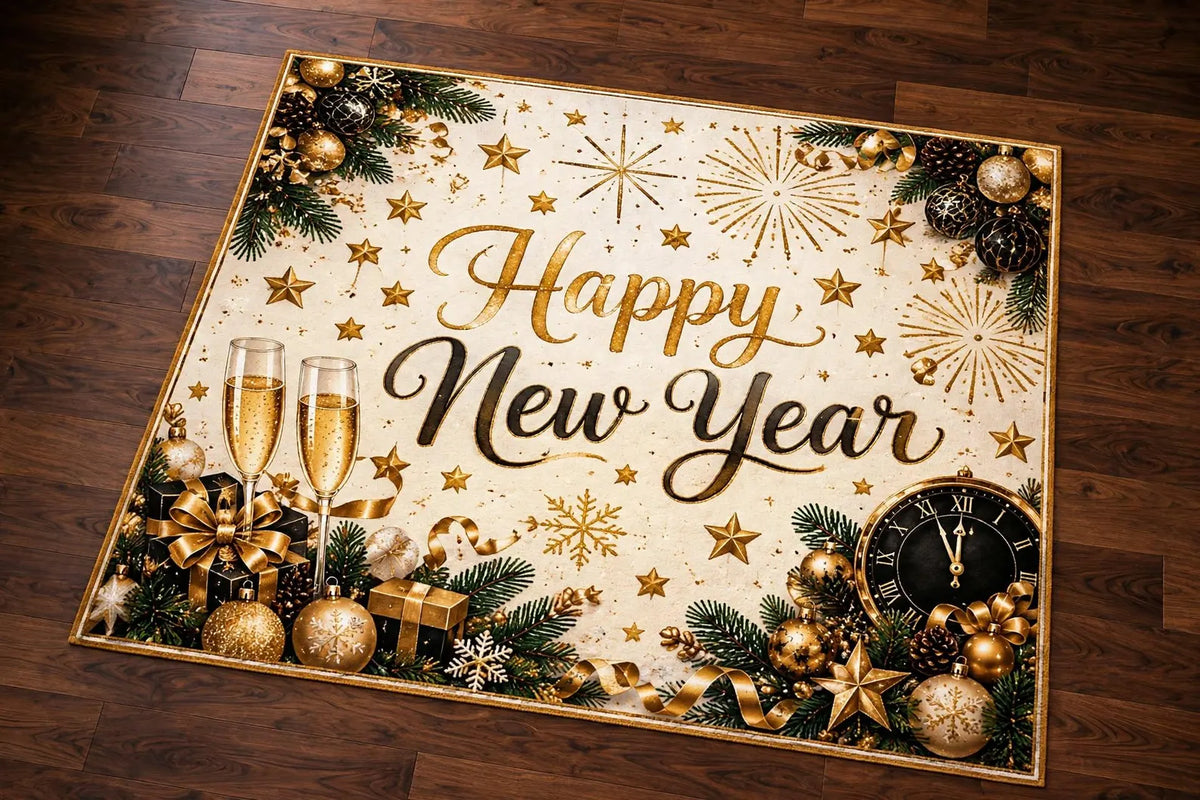 Happy New Year Area Rug Elegant Gold and Black Holiday Carpet Champagne Celebration Rug Fireworks Star Luxury New Year Party Home Decor