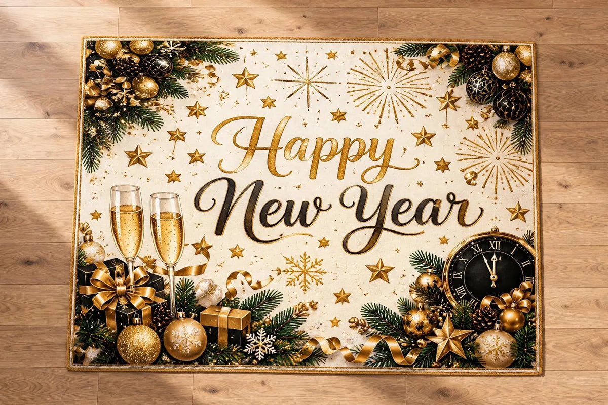 Happy New Year Area Rug Elegant Gold and Black Holiday Carpet Champagne Celebration Rug Fireworks Star Luxury New Year Party Home Decor