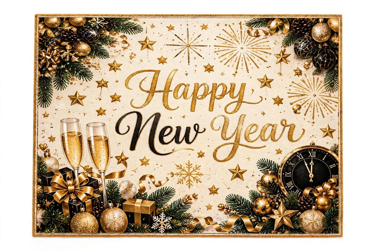 Happy New Year Area Rug Elegant Gold and Black Holiday Carpet Champagne Celebration Rug Fireworks Star Luxury New Year Party Home Decor