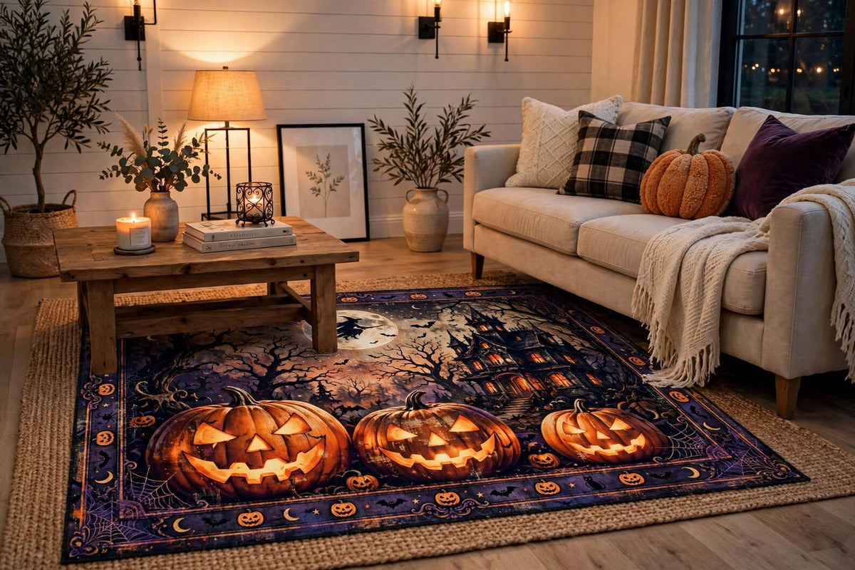 Halloween Area Rug, Spooky Pumpkin Carpet, Haunted House Rug, Witch and Bats Decor, Gothic Halloween Floor Rug
