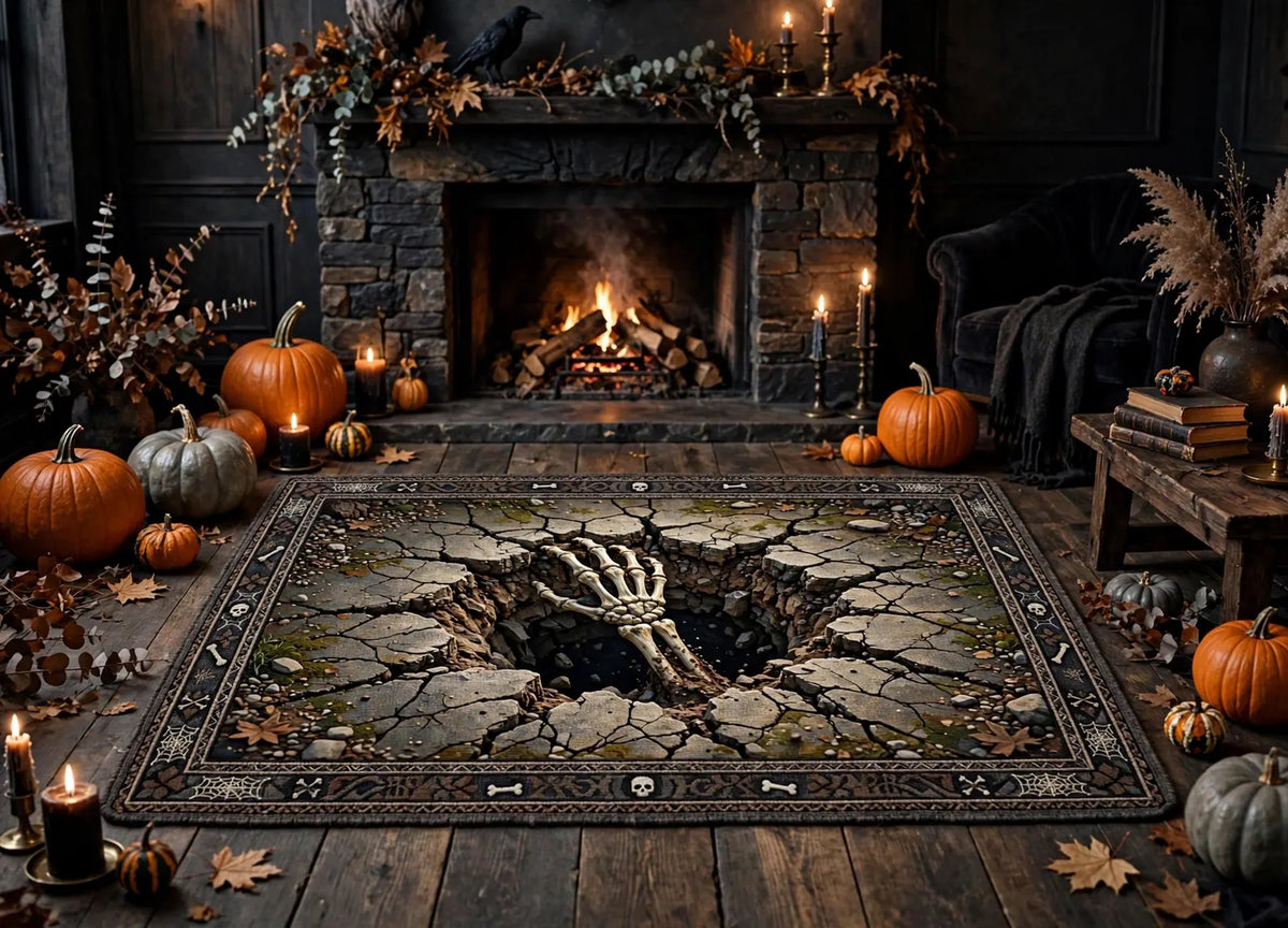 Halloween Area Rug, Cracked Stone Skeleton Design, Dark Gothic Room Decor Living Room Carpet