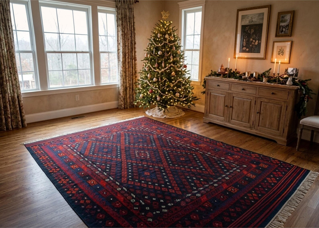 Afghan Area Rug Traditional Red Navy Blue Oriental Carpet Vintage Geometric Non Slip Rug Living Room Persian Style Floor Rug Home Decor