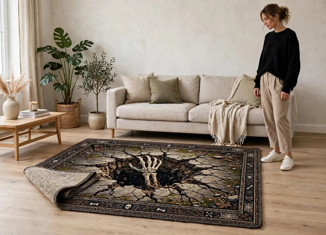 Halloween Area Rug, Cracked Stone Skeleton Design, Dark Gothic Room Decor Living Room Carpet