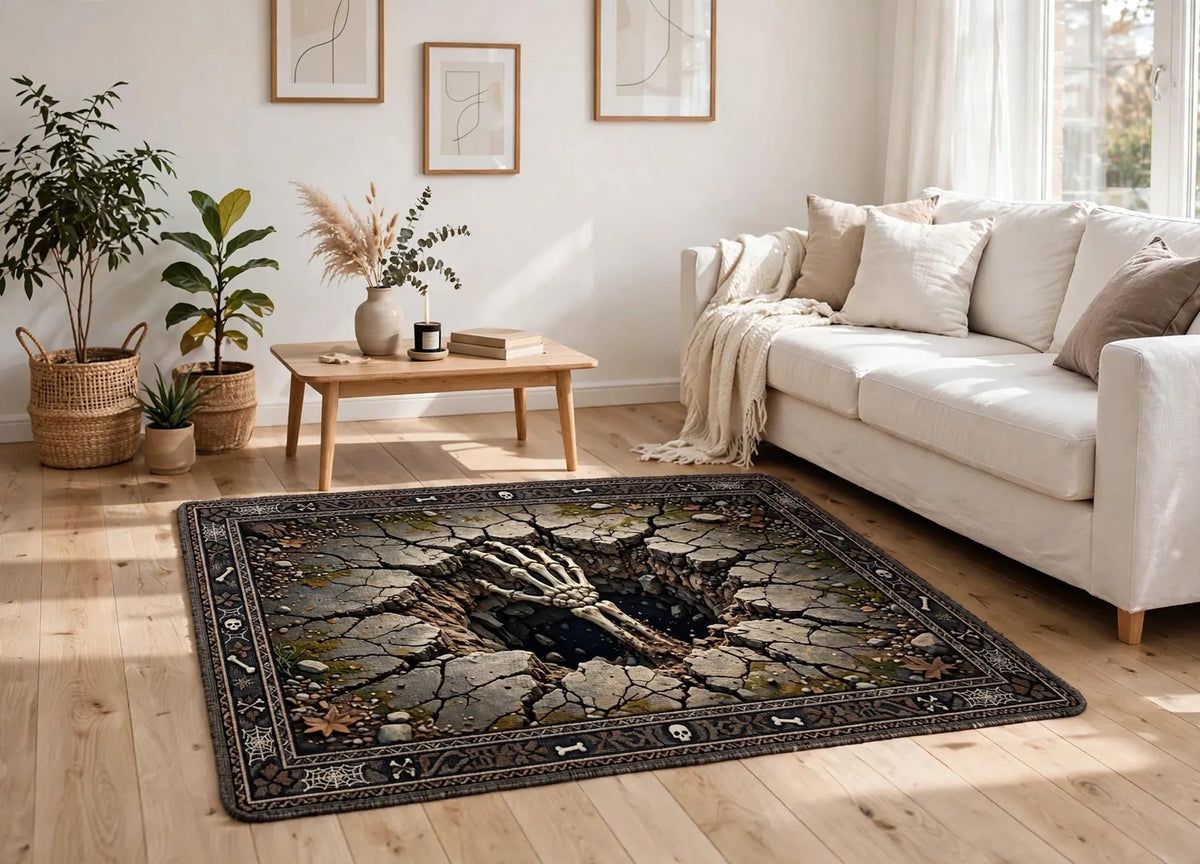 Halloween Area Rug, Cracked Stone Skeleton Design, Dark Gothic Room Decor Living Room Carpet