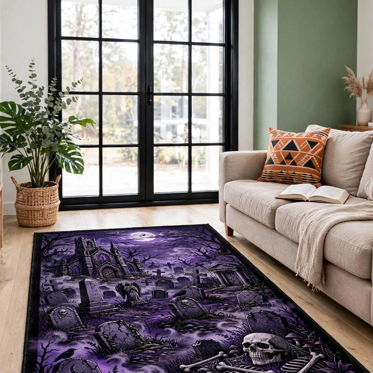 Purple Halloween Rug, Haunted Cemetery Carpet, Gothic Skull Floor Graveyard Floor Mat Gothic Area Rug