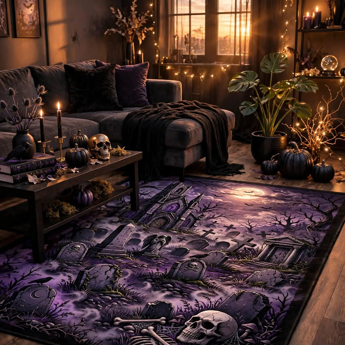 Purple Halloween Rug, Haunted Cemetery Carpet, Gothic Skull Floor Graveyard Floor Mat Gothic Area Rug