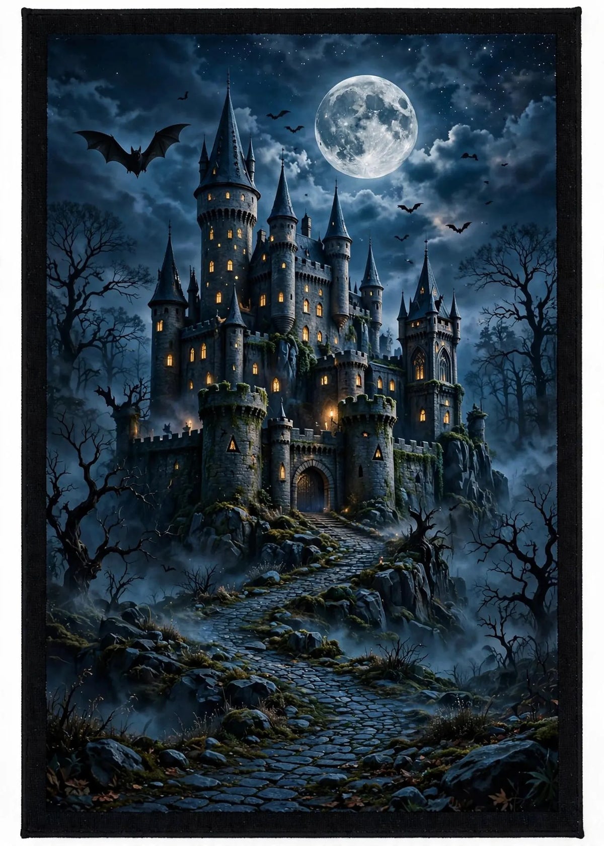 Haunted Castle Rug Gothic Halloween Area Rug Moonlit Fantasy Castle Carpet Spooky Moon Rug