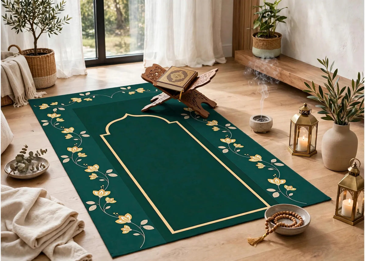 Emerald Green Muslim Prayer Rug with Gold Floral Design Islamic Prayer Mat Luxury Muslim Sajjadah Soft Janamaz Gift for Ramadan and Eid