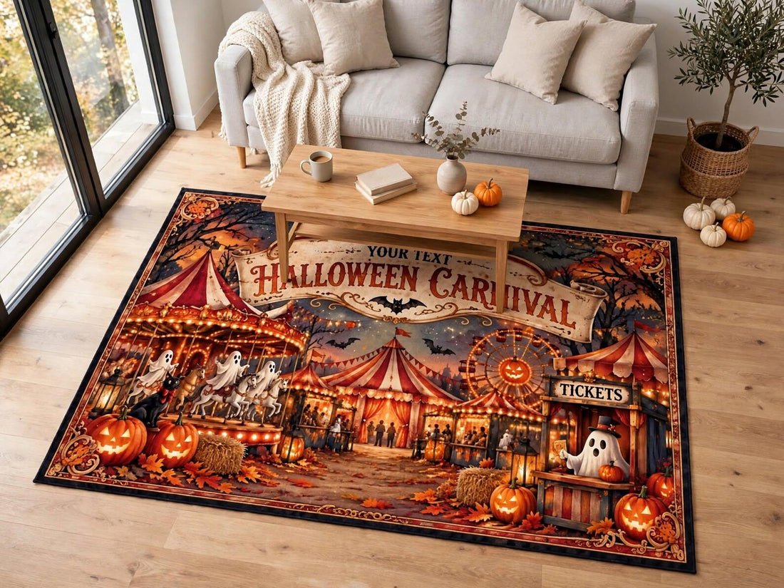 Custom Halloween Carnival Rug, Personalized Halloween Area Rug Spooky Carnival Circus Carpet Fall Home Decor Halloween Gift, Custom Name Rug