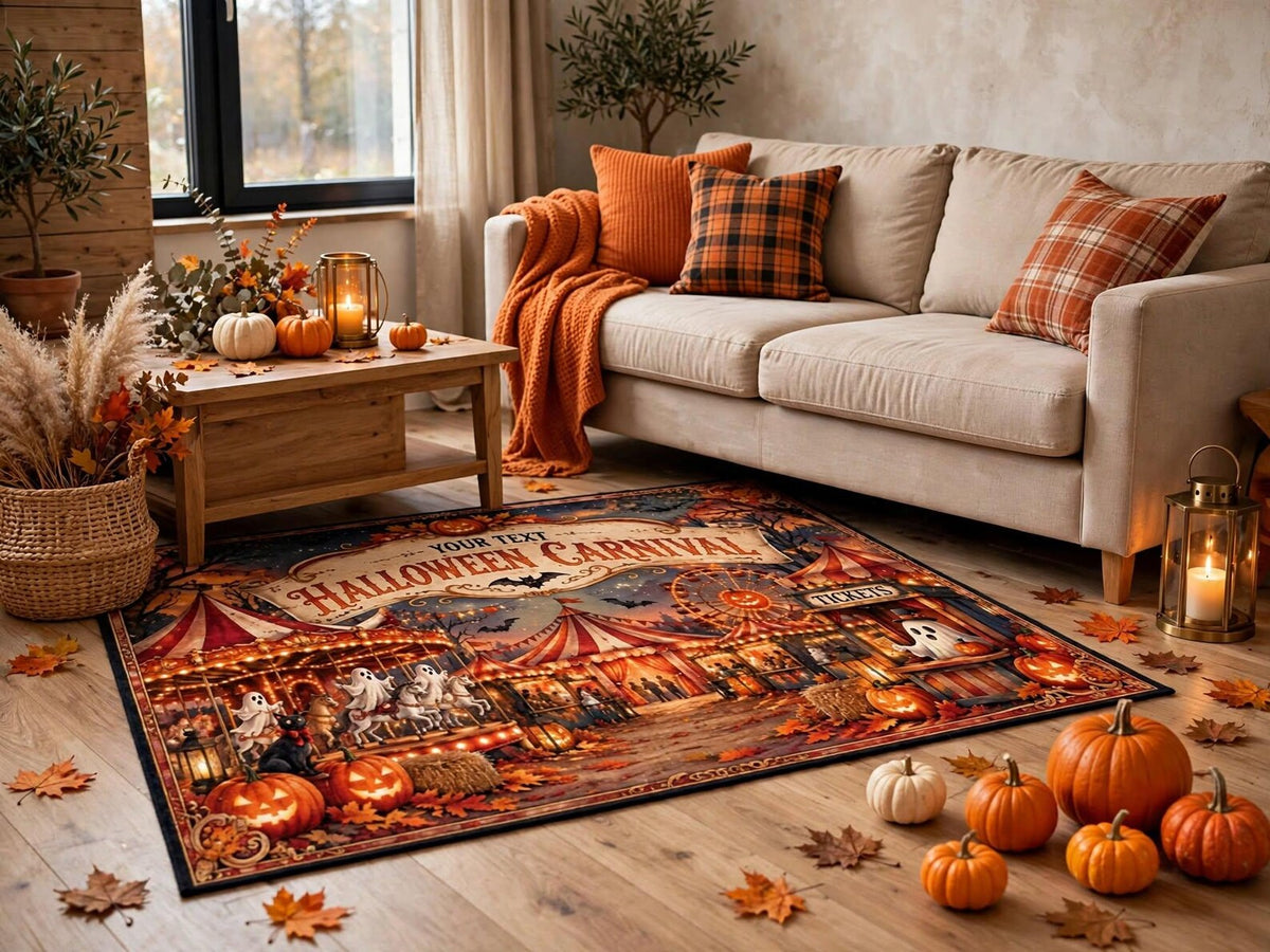 Custom Halloween Carnival Rug, Personalized Halloween Area Rug Spooky Carnival Circus Carpet Fall Home Decor Halloween Gift, Custom Name Rug