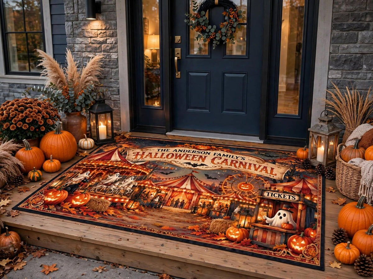 Custom Halloween Carnival Rug, Personalized Halloween Area Rug Spooky Carnival Circus Carpet Fall Home Decor Halloween Gift, Custom Name Rug