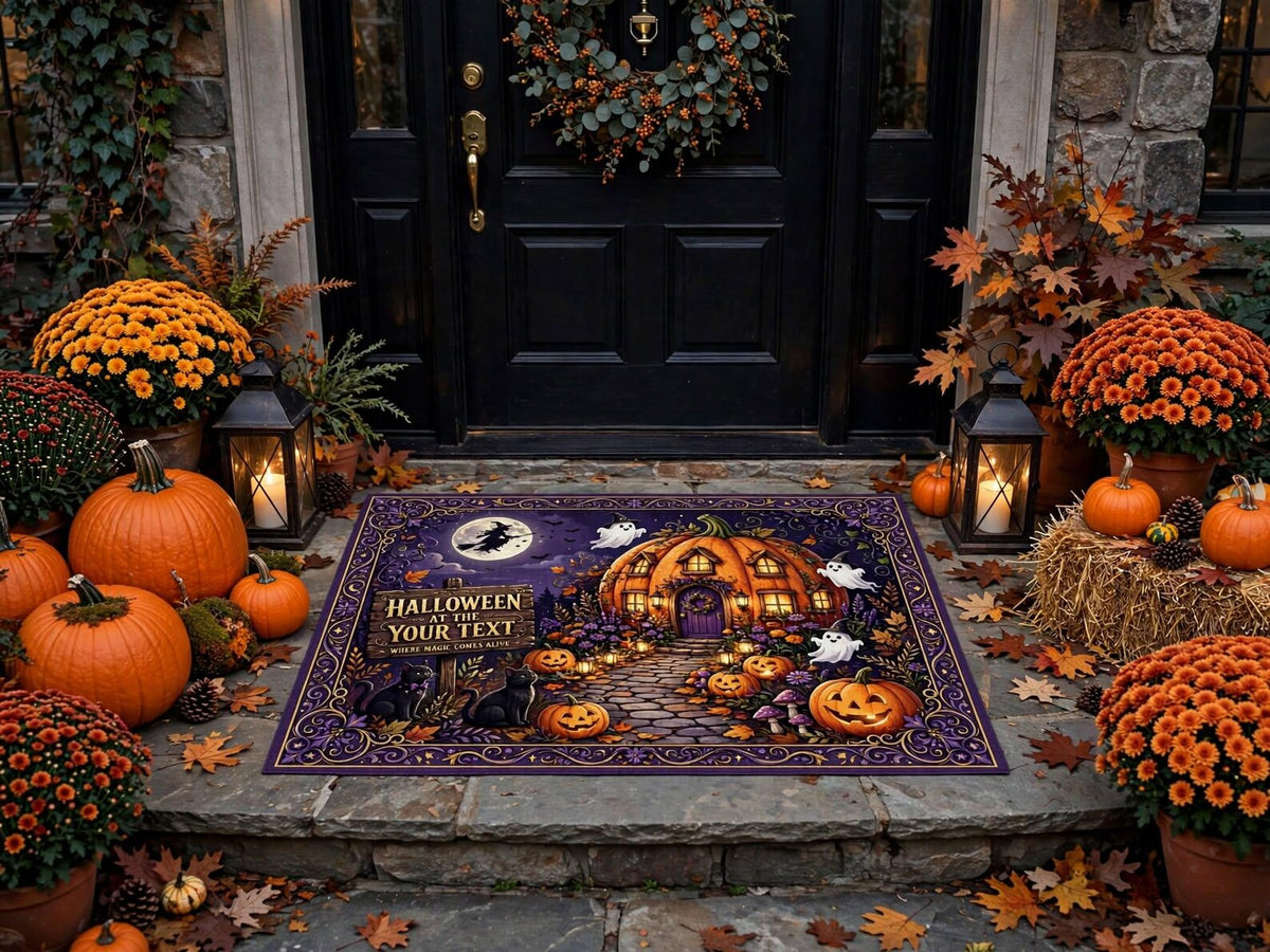 Custom Halloween Rug Personalized Pumpkin Area Rug Spooky Haunted House Carpet Purple Gothic Fall Decor Custom Text Rug Halloween Gift