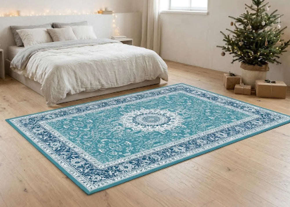 Turquoise Blue Vintage Rug Persian Style Area Rug Distressed Oriental Carpet Floral Living Room Rug Boho Bedroom Decor Elegant Home Rug