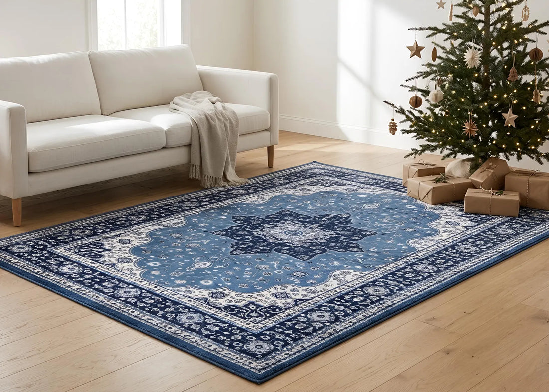 Blue Persian Area Rug Vintage Oriental Carpet Navy Blue Floral Rug Traditional Medallion Rug Elegant Bedroom Decor Classic Living Room Rug