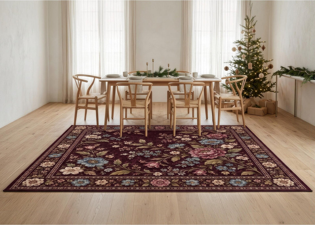 Burgundy Floral Area Rug Vintage Persian Style Carpet Dark Red Botanical Rug Traditional Oriental Rug Elegant Living Room and Bedroom Decor