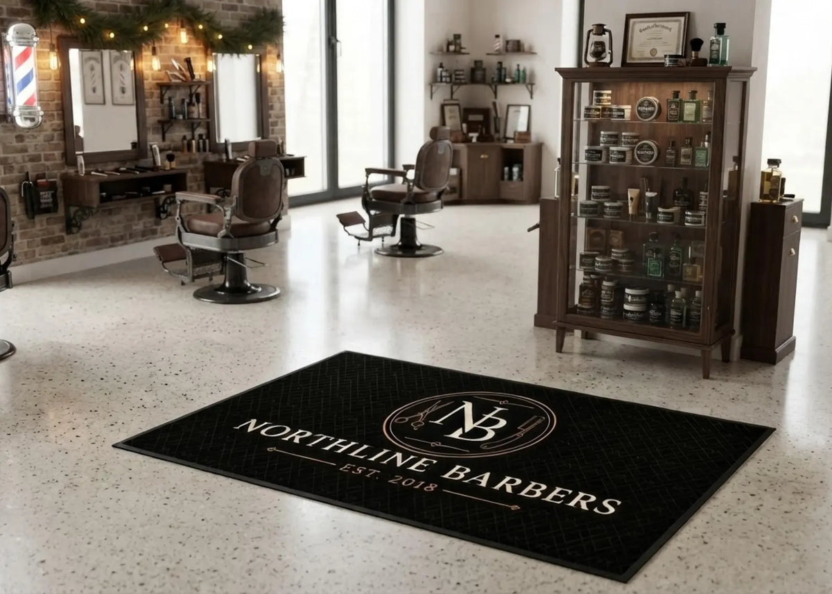 Custom Barber Shop Rug Personalized Logo Floor Mat Black and Gold Barbershop Carpet Business Branding Rug Custom Salon Entrance Mat