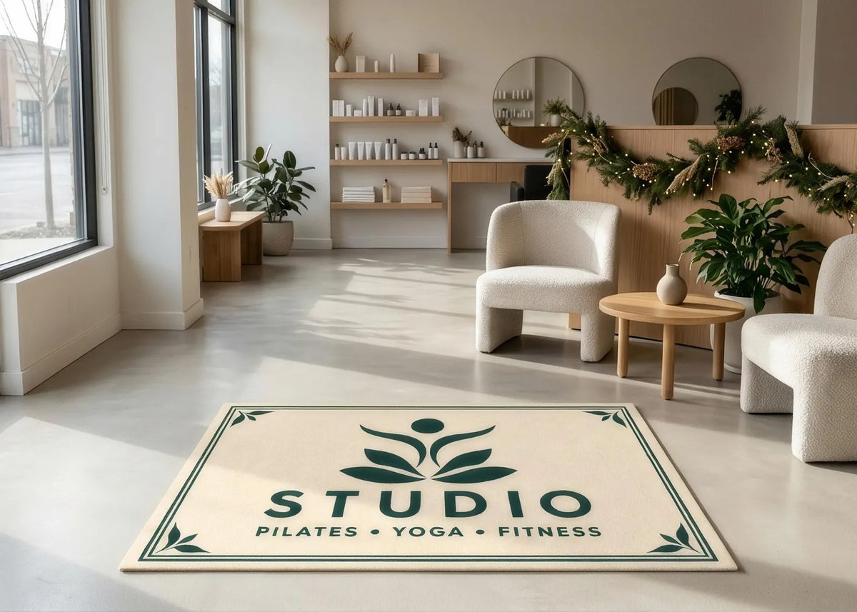 Custom Pilates Studio Rug Personalized Yoga Fitness Logo Mat Minimalist Gym Floor Rug Custom Business Logo Carpet Wellness Studio Decor