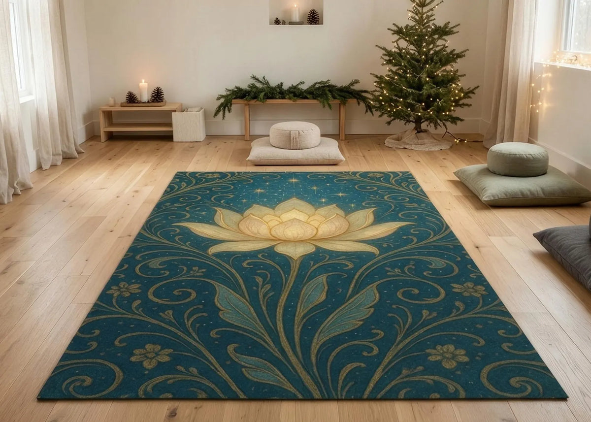 Teal Lotus Flower Rug Gold Floral Area Rug Boho Meditation Room Decor Spiritual Yoga Rug Elegant Botanical Living Room Carpet