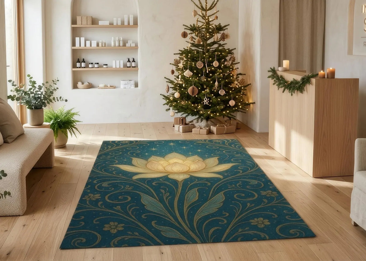 Teal Lotus Flower Rug Gold Floral Area Rug Boho Meditation Room Decor Spiritual Yoga Rug Elegant Botanical Living Room Carpet