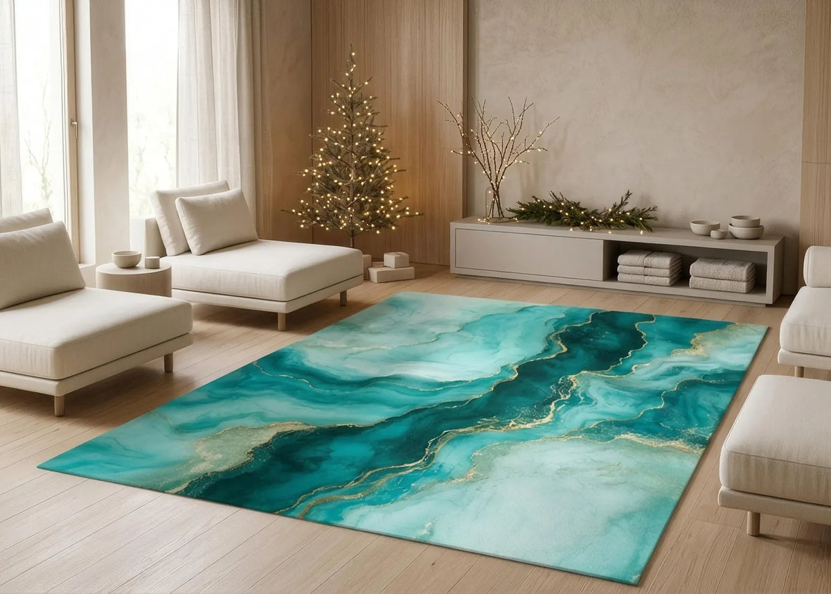 Turquoise Abstract Area Rug Teal and Gold Marble Carpet Modern Luxury Living Room Rug Ocean Wave Design Floor Decor Salon Decor