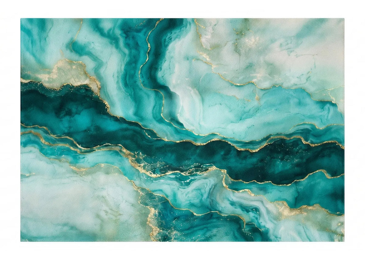 Turquoise Abstract Area Rug Teal and Gold Marble Carpet Modern Luxury Living Room Rug Ocean Wave Design Floor Decor Salon Decor