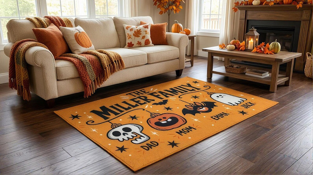 Halloween Family Rug, Custom Name Ghost Pumpkin Bat Mat, Spooky Fall Home Decor, Halloween Entryway Ruily Gifg, Famt