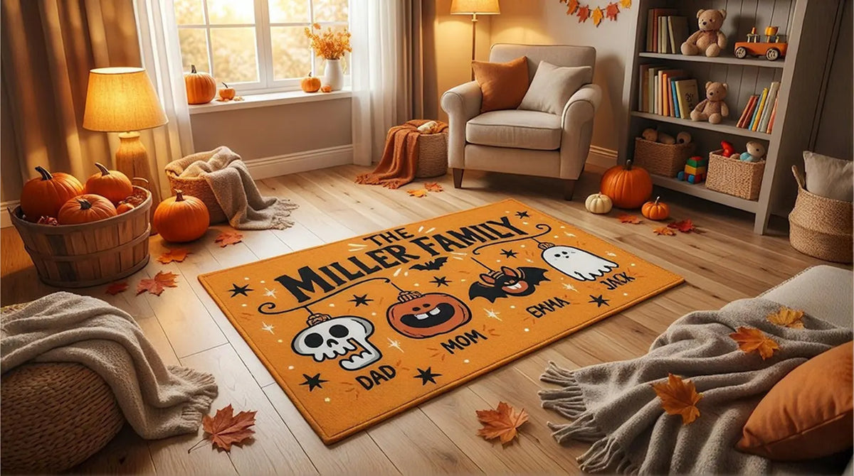 Halloween Family Rug, Custom Name Ghost Pumpkin Bat Mat, Spooky Fall Home Decor, Halloween Entryway Ruily Gifg, Famt