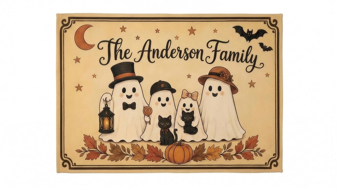 Personalized Halloween Family Rug, Custom Ghost Family Name Mat, Cute Ghost Pumpkin Rug, Spooky Fall Home Decor, Halloween Gift
