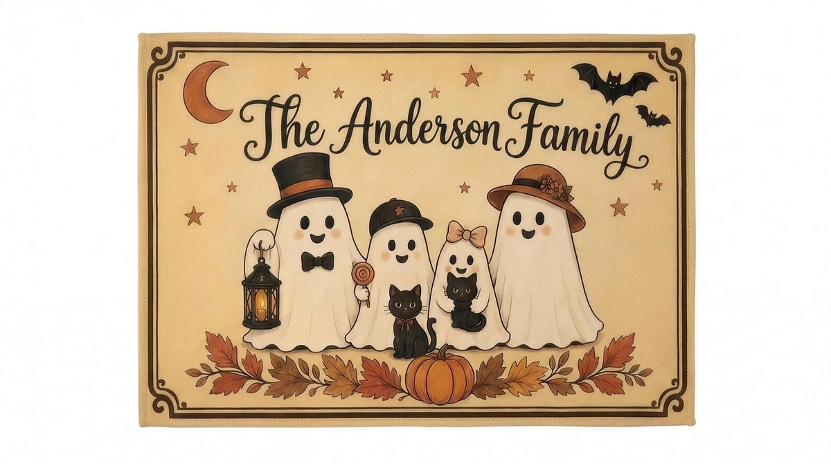 Personalized Halloween Family Rug, Custom Ghost Family Name Mat, Cute Ghost Pumpkin Rug, Spooky Fall Home Decor, Halloween Gift