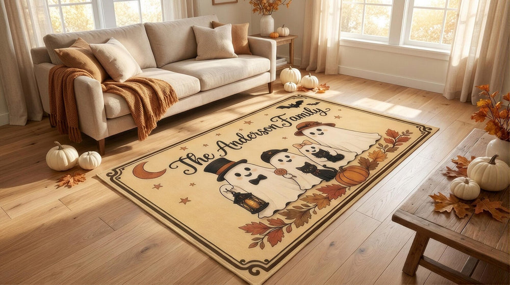 Personalized Halloween Family Rug, Custom Ghost Family Name Mat, Cute Ghost Pumpkin Rug, Spooky Fall Home Decor, Halloween Gift