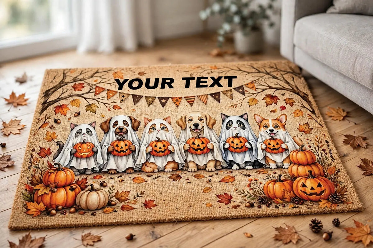 Personalized Halloween Pet Rug Custom Name Ghost Cats and Dogs Mat Cute Pumpkin Fall Decor Spooky Animal Area Rug Halloween Gift