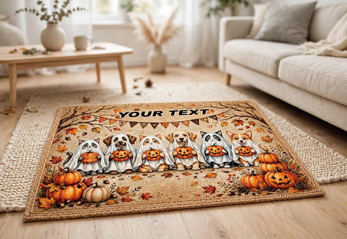 Personalized Halloween Pet Rug Custom Name Ghost Cats and Dogs Mat Cute Pumpkin Fall Decor Spooky Animal Area Rug Halloween Gift