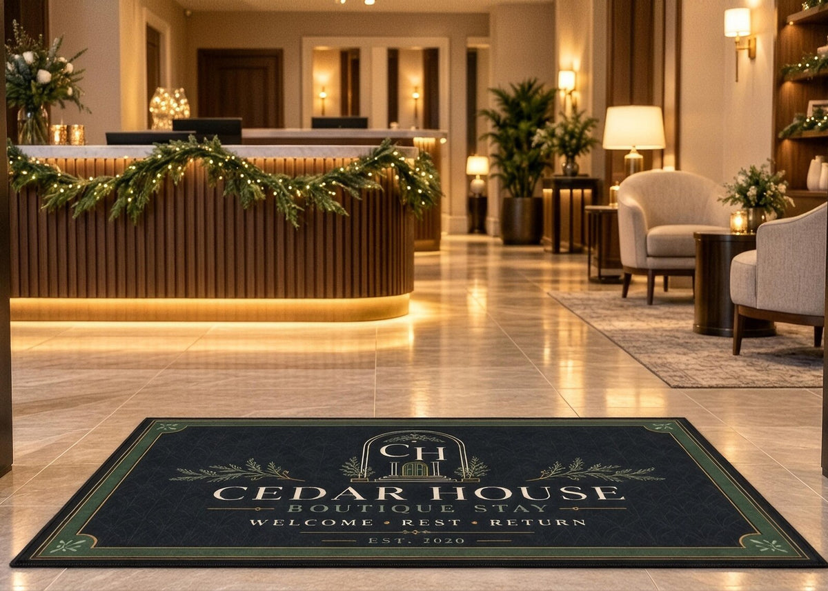 Custom Boutique Hotel Rug Personalized Welcome Mat Dark Green and Gold Logo Rug Luxury Guest House Entrance Decor