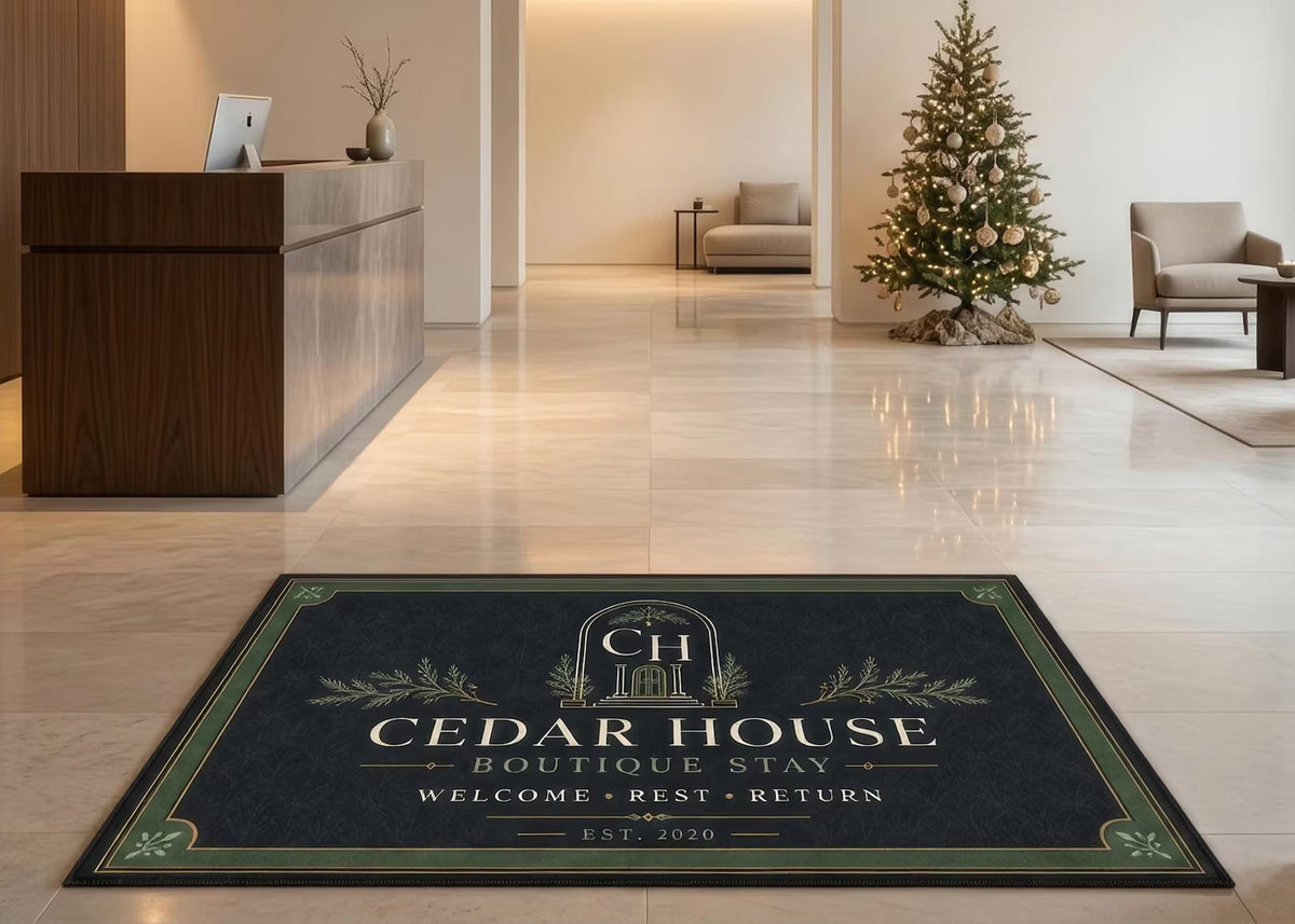 Custom Boutique Hotel Rug Personalized Welcome Mat Dark Green and Gold Logo Rug Luxury Guest House Entrance Decor