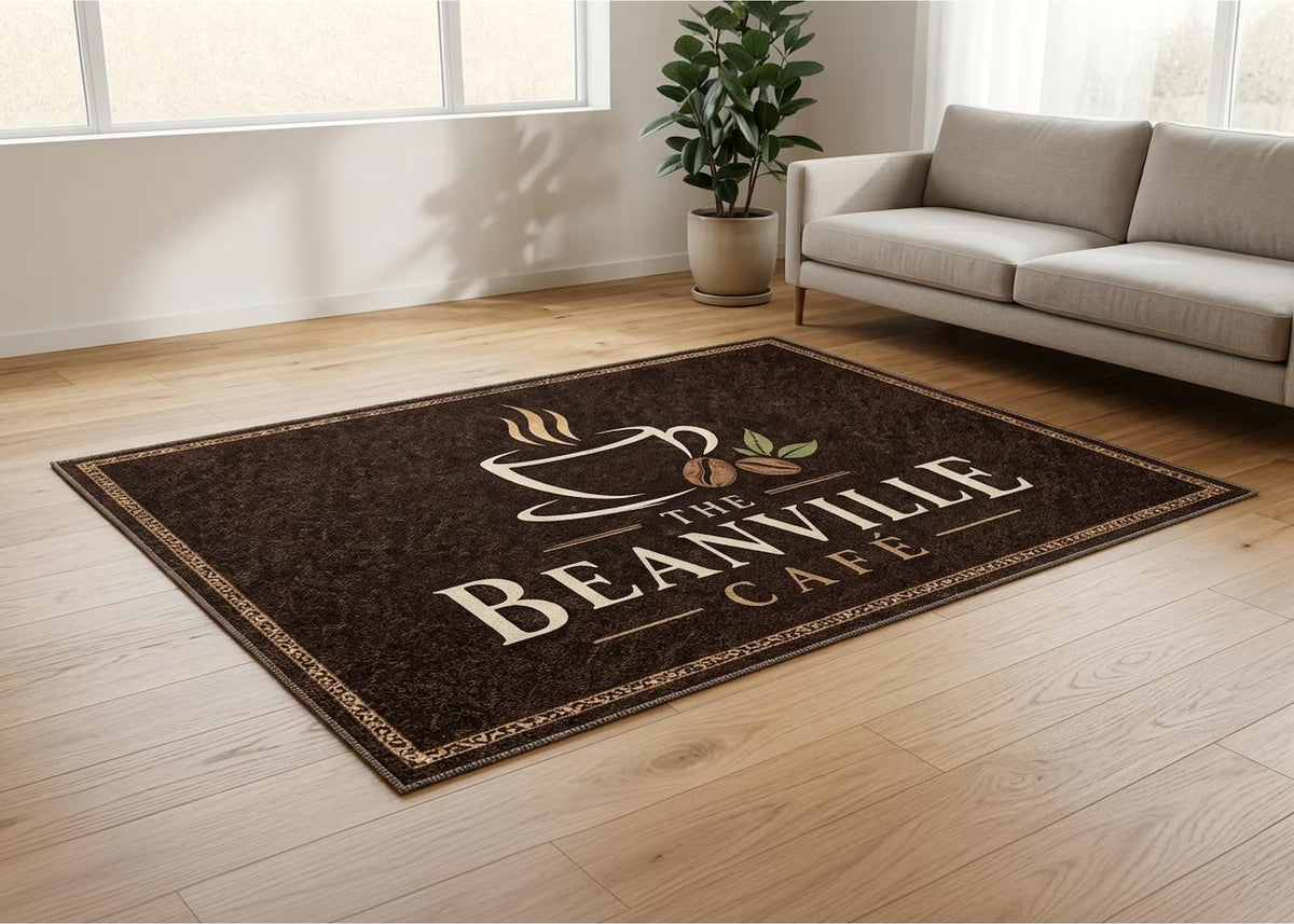 Custom Cafe Logo Rug Personalized Coffee Shop Entrance Mat Brown and Gold Business Rug Cafe Floor Decor Branded Welcome Carpet
