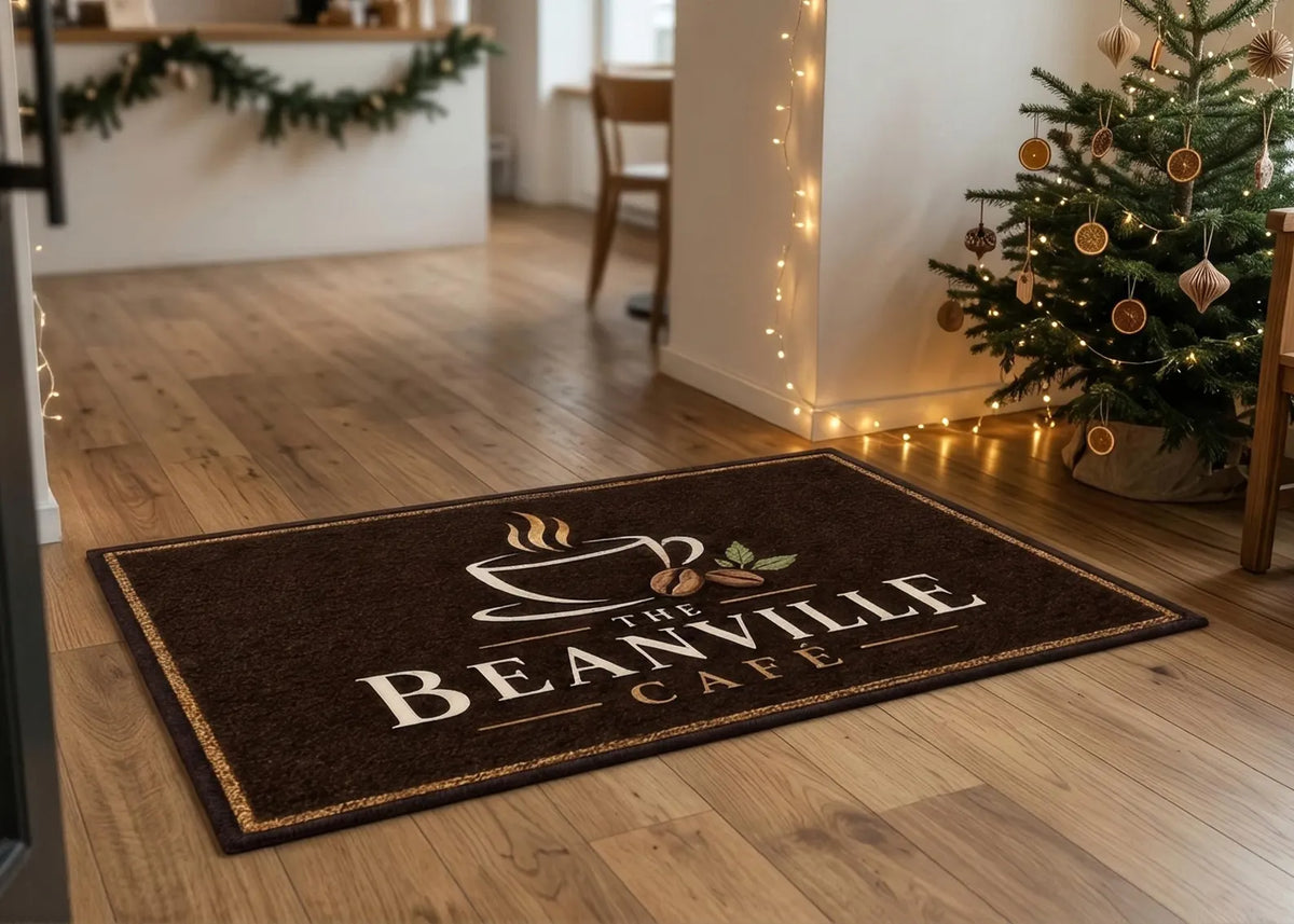 Custom Cafe Logo Rug Personalized Coffee Shop Entrance Mat Brown and Gold Business Rug Cafe Floor Decor Branded Welcome Carpet