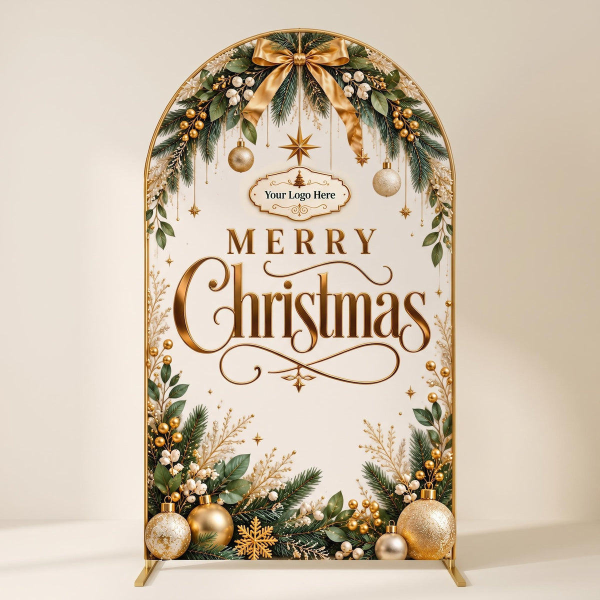 May include: An arched gold metal frame display featuring a cream-coloured sign with the text Merry Christmas in gold lettering. The design includes green pine branches, gold ornaments, white berries, a gold bow, and a placeholder for Your Logo Here.