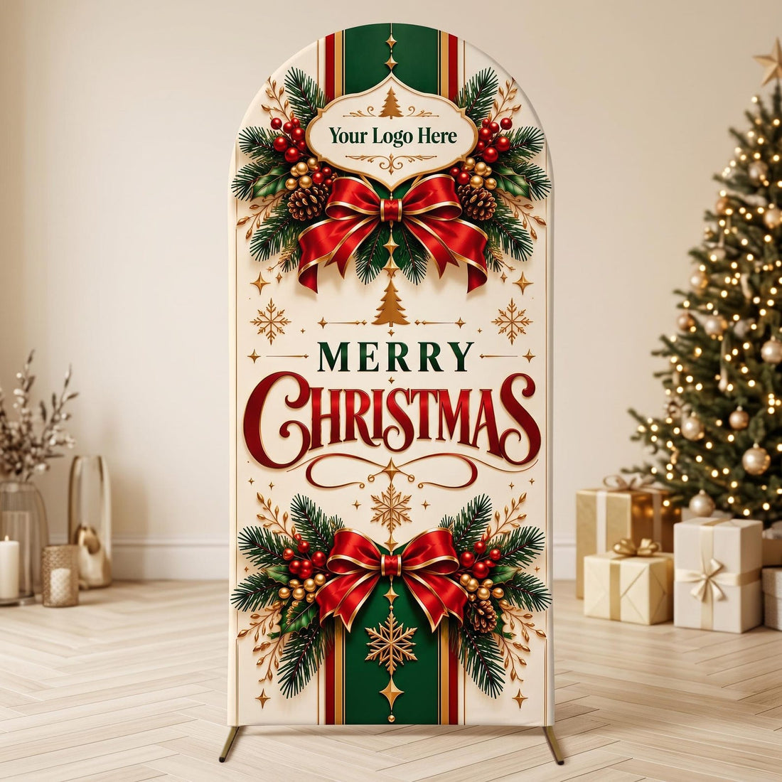 May include: An arched fabric backdrop featuring a cream background with green and red accents. It displays the text "Your Logo Here" and "MERRY CHRISTMAS" in elegant fonts, decorated with pine branches, red bows, pinecones, and gold snowflakes.