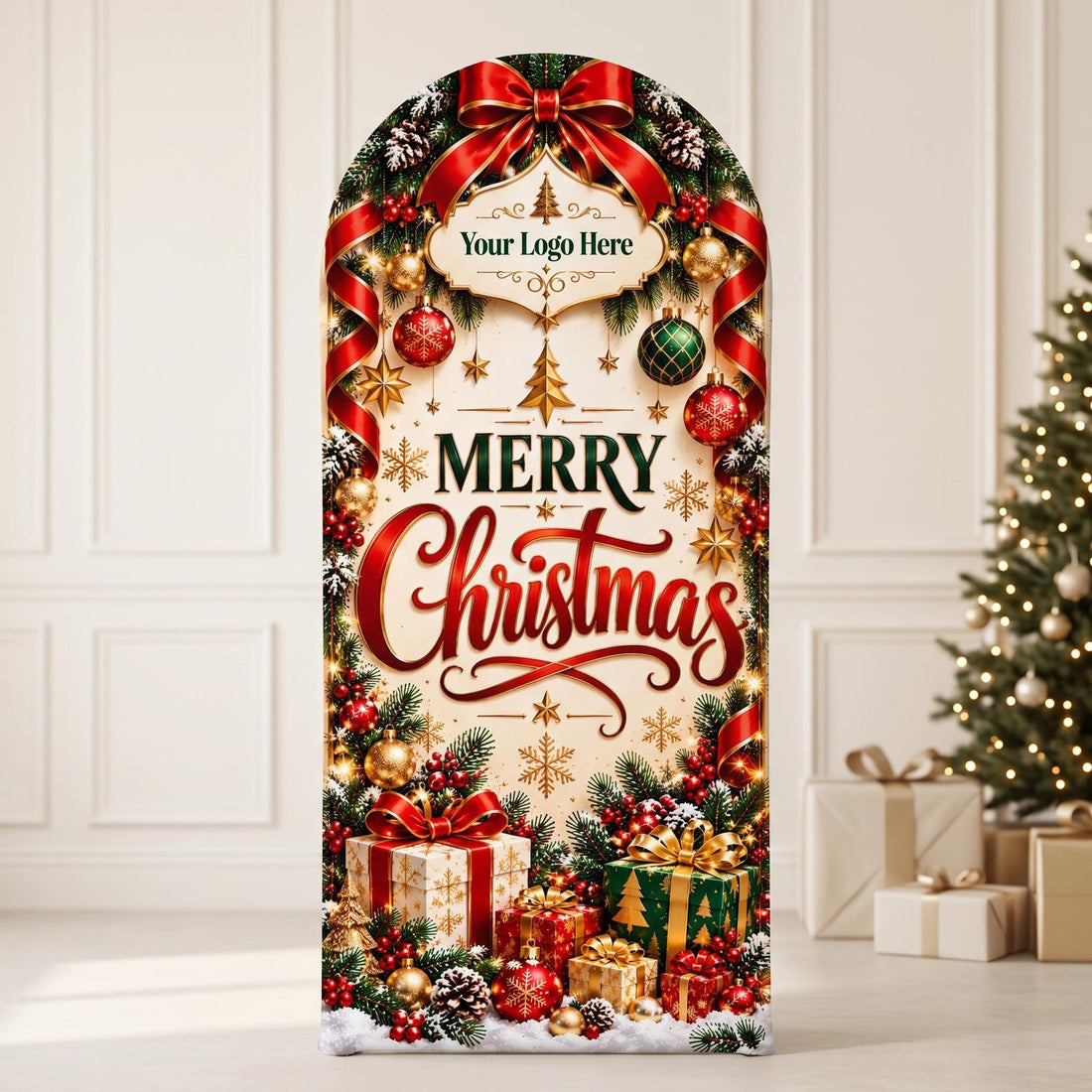 May include: An arched Christmas backdrop featuring a large red bow at the top, the text Your Logo Here, and the words MERRY Christmas in red and green. The design includes pine branches, red and green ornaments, and gift boxes.